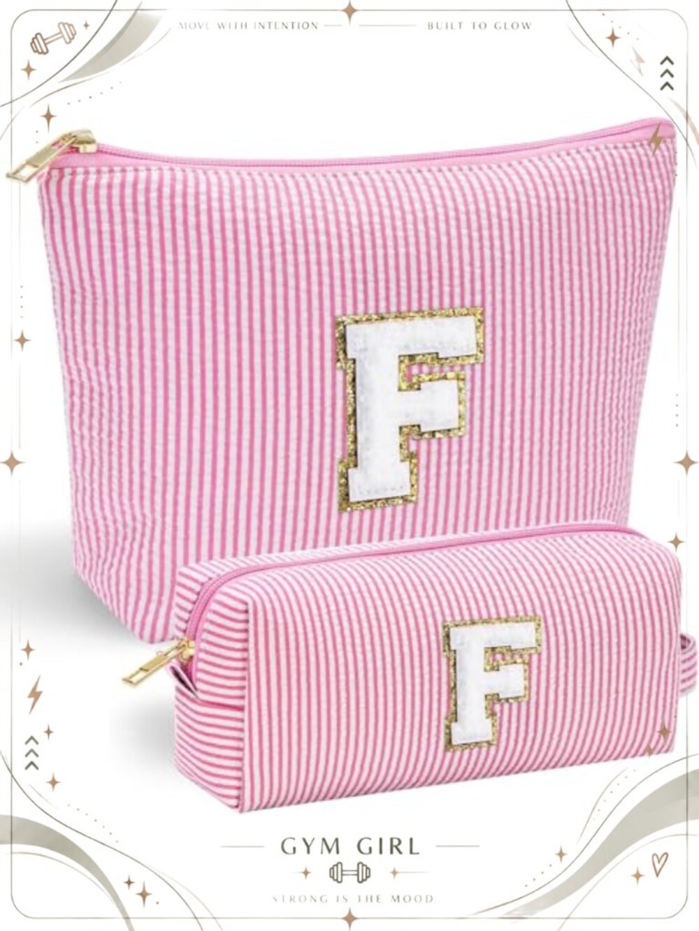 2 Pc Monogram Makeup Bag Set Polyester Wavy Stripe Travel Cosmetic Pouch